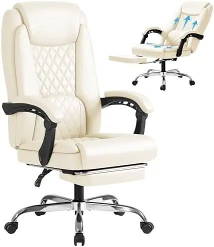 كرسي مكتب مريح مع مسند للقدمين، كرسي مهام دوار من الجلد، 90-135 °   استلقاء، بيج #1