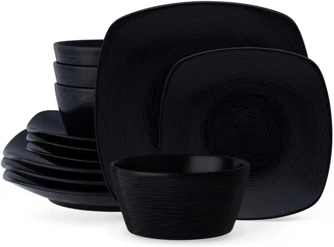 

Набор квадратной посуды Colorscapes Black-on-Black Swirl из 12 предметов, сервис по 4 шт.