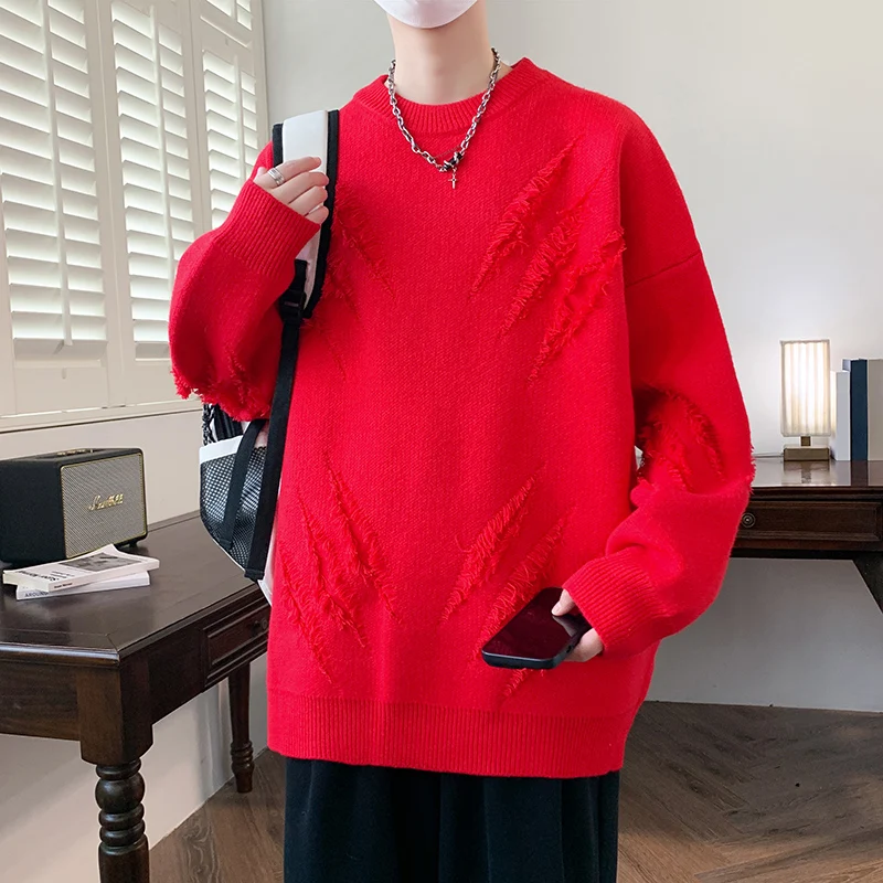 

Утепленный красный свитер мужской, свободный крой, в американском стиле, с дырками, повседневный, вязаный, осенне-зимний, новый стиль, мягкий, удобный, полиэстер