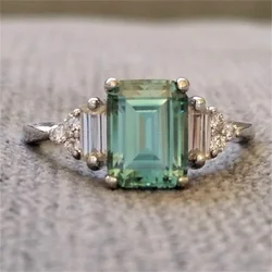 Exquisite Charm Princess Cut Rings for Women Silver Color Metal Inlaid Green White Zicron Stones Ring Wedding Jewelry