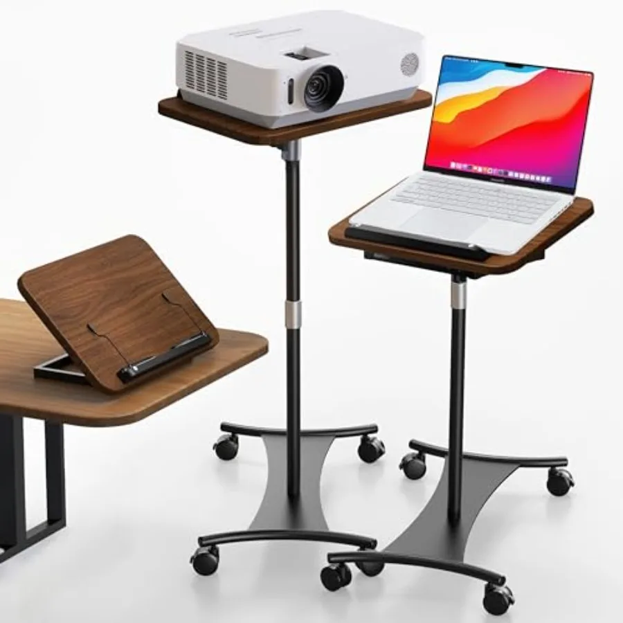 

Rolling Laptop Floor Stand for home office use, walnut-finished wood, adjustable height 16.551, with lockable casters and book