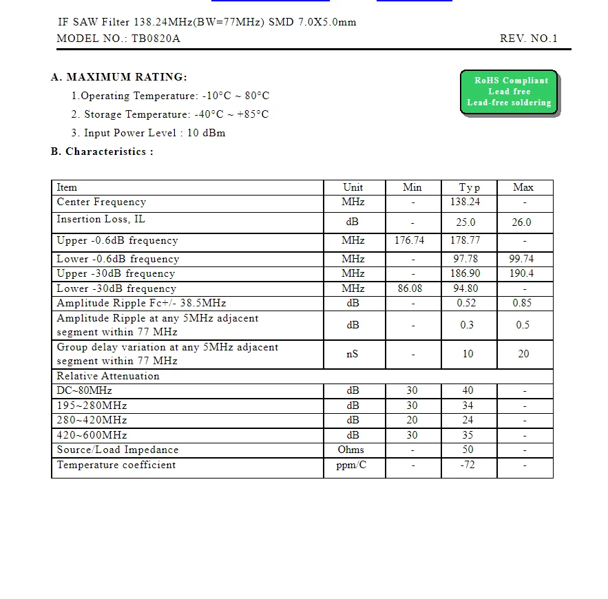 (1PCS) TB0820A code 820 brand new original IF SAW Filter 138.24MHz (BW=77MHz) SMD 7.0X5.0mm  in stock