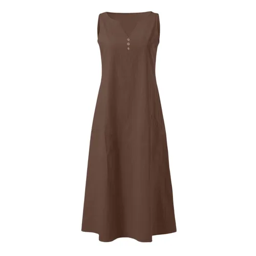 Imagen 2 del producto Vestido largo sin mangas de Color sólido con botones y cuello en V informal de verano para mujer con bolsillos vestidos sueltos informales elegantes a la moda para mujer
