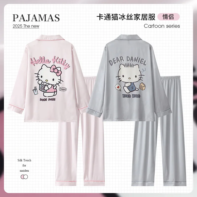 

Мультфильм Sanrio Kawaii Hello Kitty, пижамы для пар, аниме, крутой ледяной шелк, новая креативная домашняя одежда, мягкие удобные одинаковые подарки