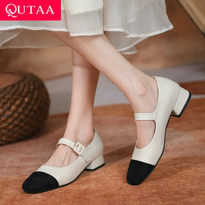 

QUTAA 2022 PU Leather Square Med Heel Pumps Women Shoes Spring Mary Janes Round Toe Buckle Mixed Color New Size 34-43