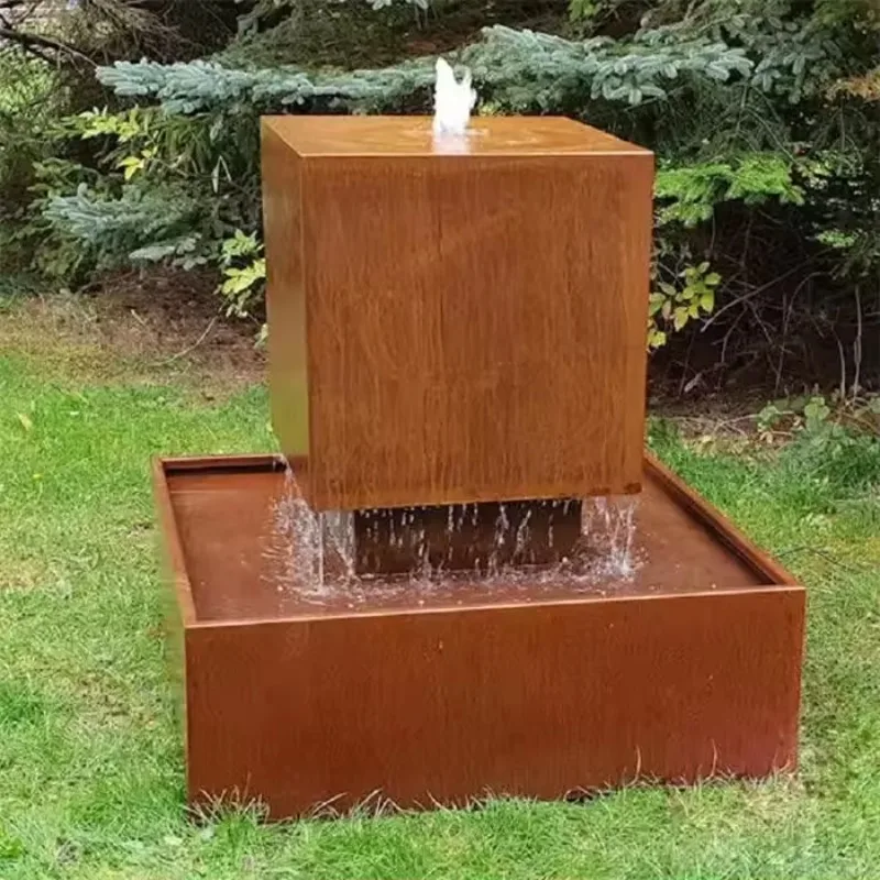 EXW Square Water Table Fountain Corten Steel Construction Modern Geometric Design For Patio Garden Centerpiece