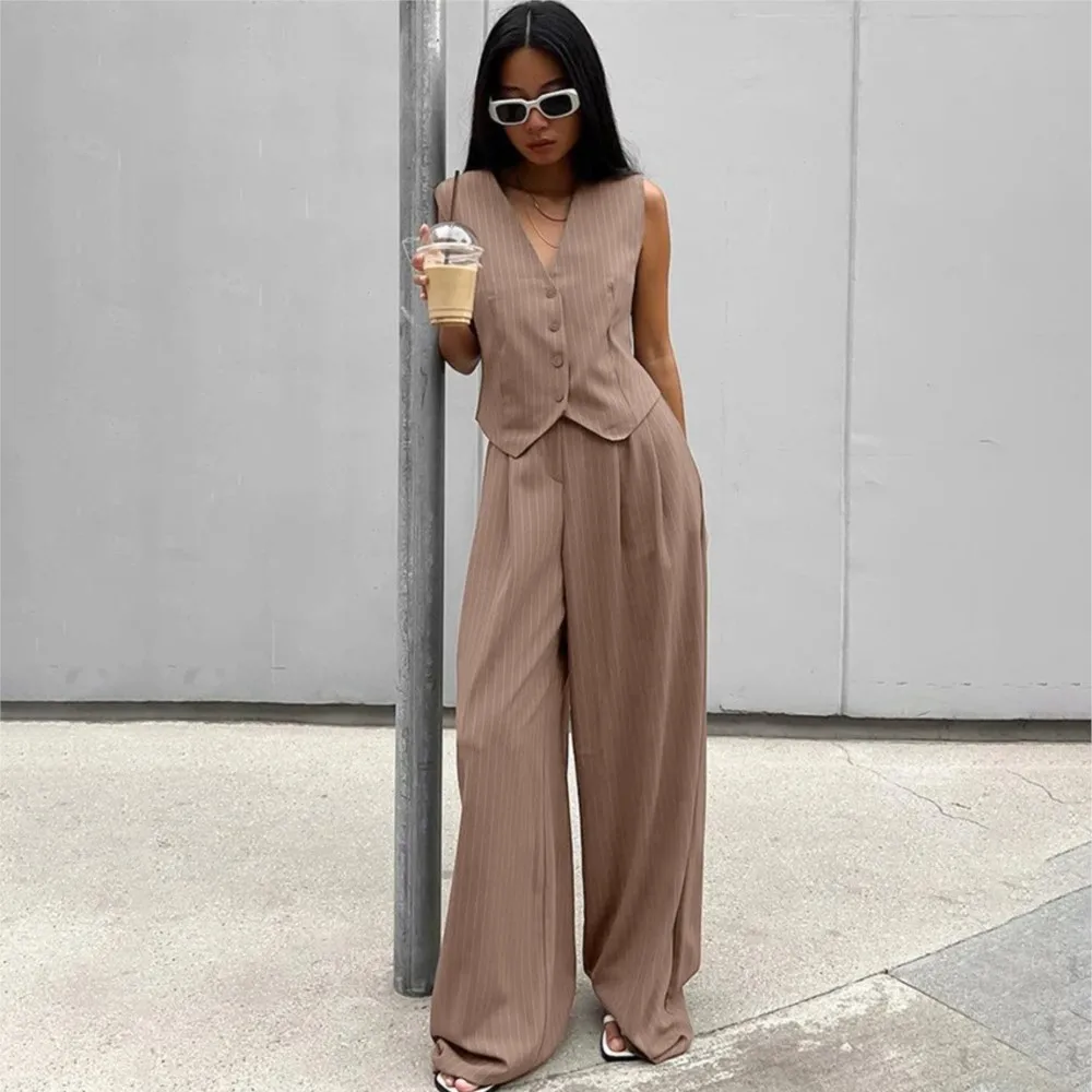

Women's V-Neck Sleeveless Vest & Wide Leg Pants Set Striped 2 Piece Suits Office Suit 2PCS Office Lady Outfit 2025 New Summer