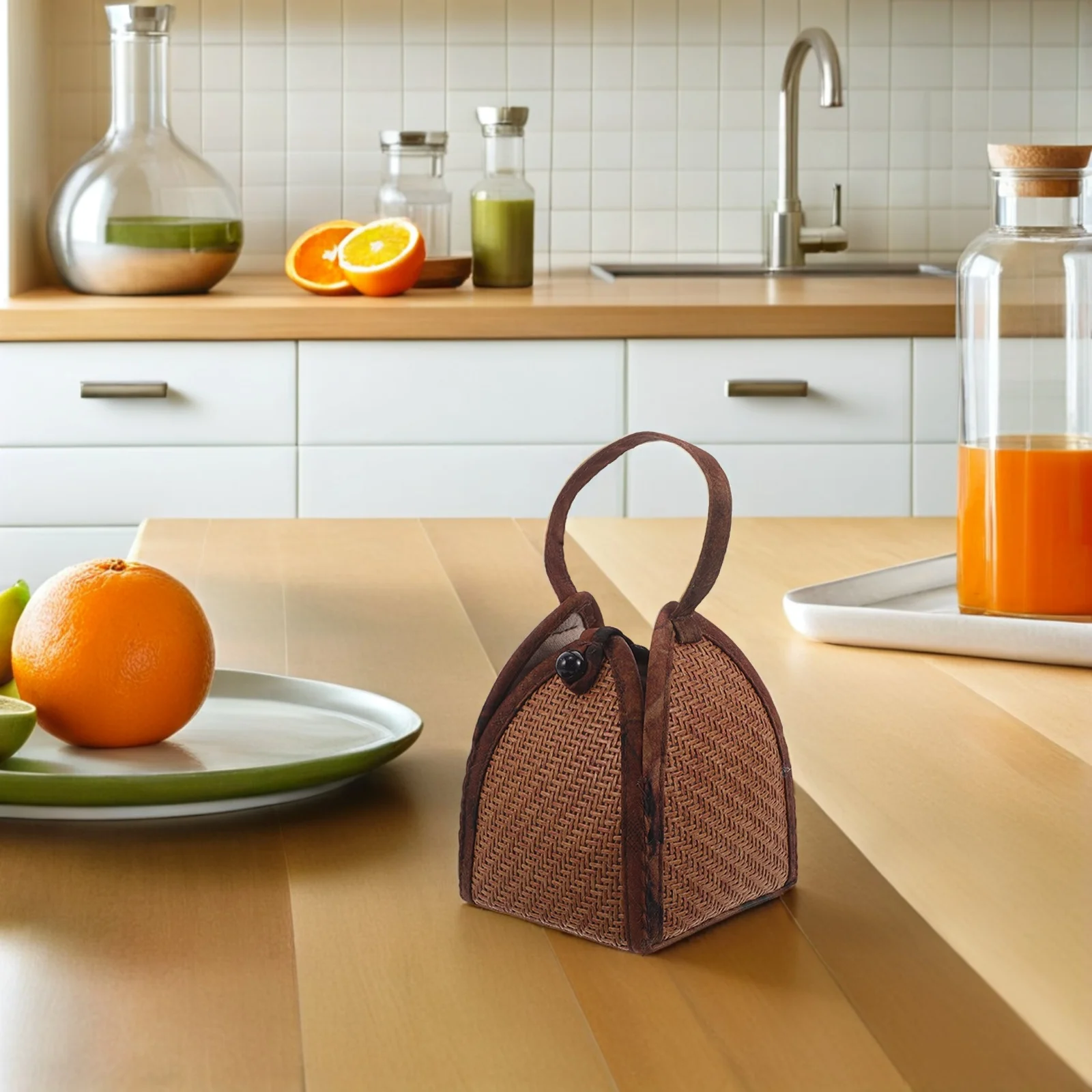 차 컵 보관 가방 손으로 짠 라탄 정리함 두꺼운 천 안전한 잠금장치 휴대용 손잡이 야외 여행용 일본 차