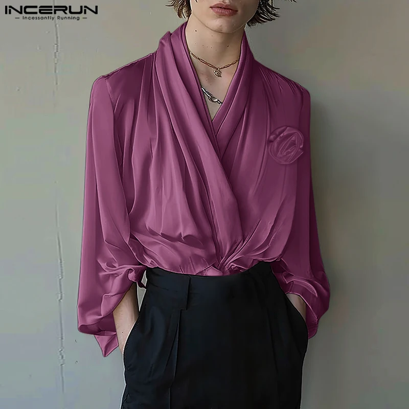 INCERUN Men Shirt Solid Color Pleated Flower V Neck Long Sleeve Casual Men Clothing Satin Streetwear 2024 Fashion Camisas S-5XL