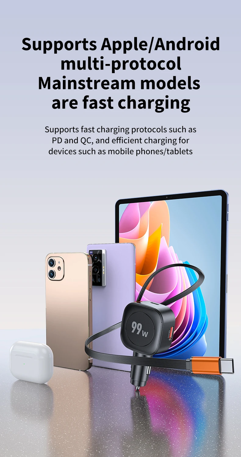 99 W einziehbares Autotelefon-Ladegerät USB C PD 45 W Schnellladung für iPhone 16 Pro Max, Samsung Galaxy S25 Ultra, Android – Detail 6