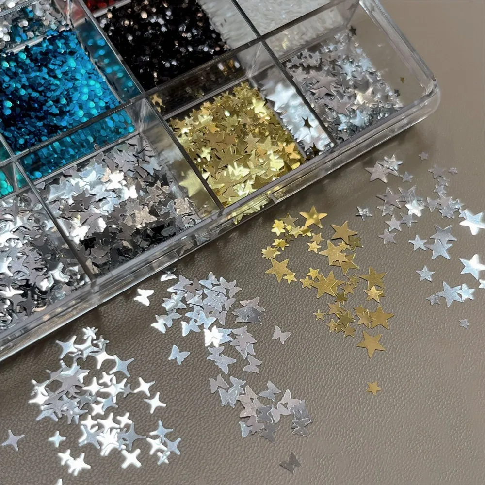 12 Grids Mixed Nail Art Glitter Sequins Shiny Star Butterfly & Polka Dot Multi-Color Sparkly Flakes for DIY Manicure Decorations