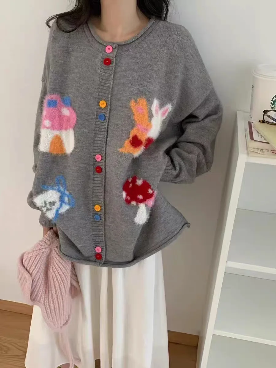 

Sweet Contrasting Color Opening Embroidered Cardigan Sweater For Women 2025 New Korean Version Loose College Style Knitted Coat