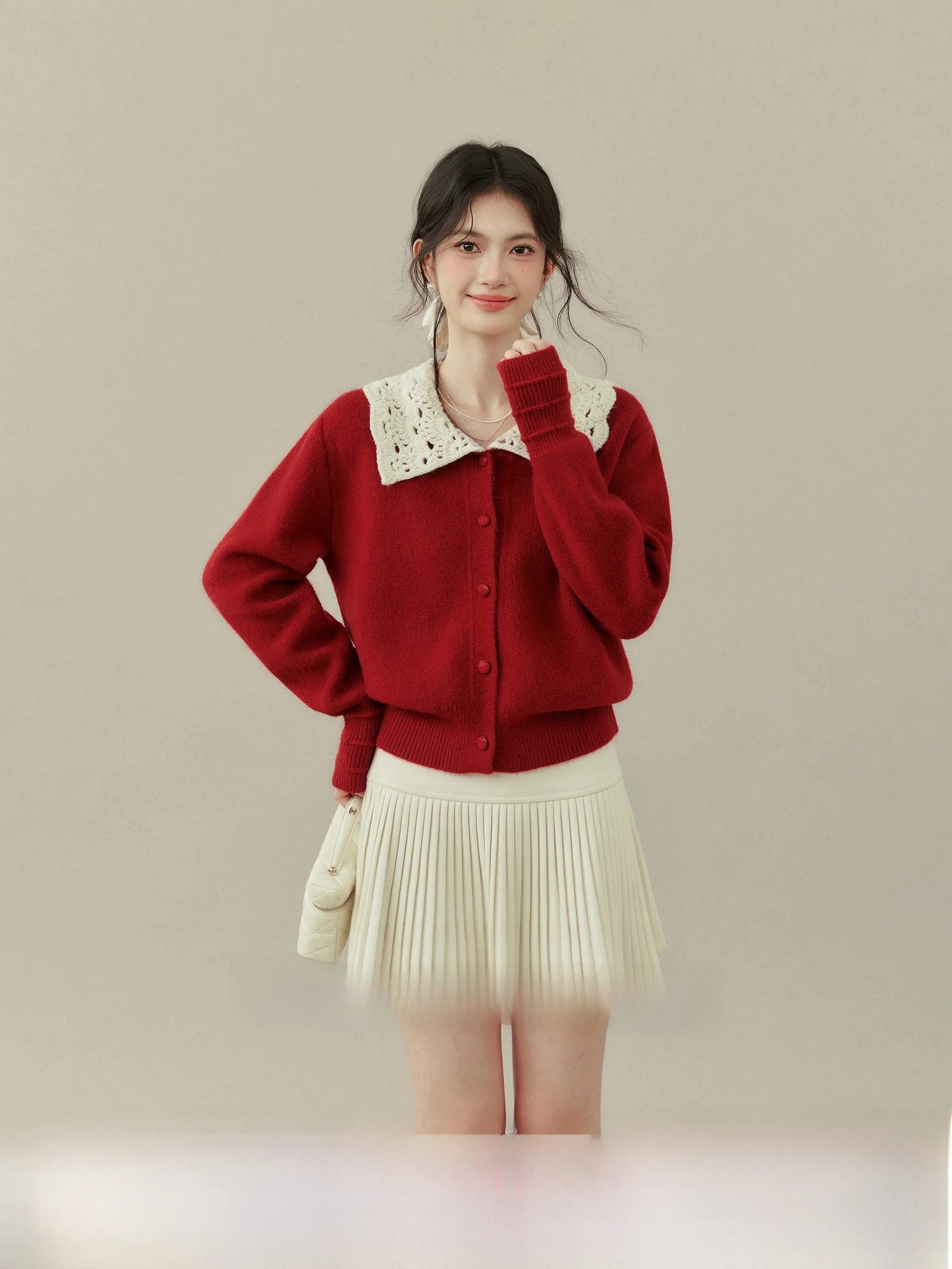 

Красный объемный свитер-кардиган Sweet Berry Milk Tea Sle класса люкс, вязаный, для женщин больших размеров, с отложным воротником и ажурными элементами