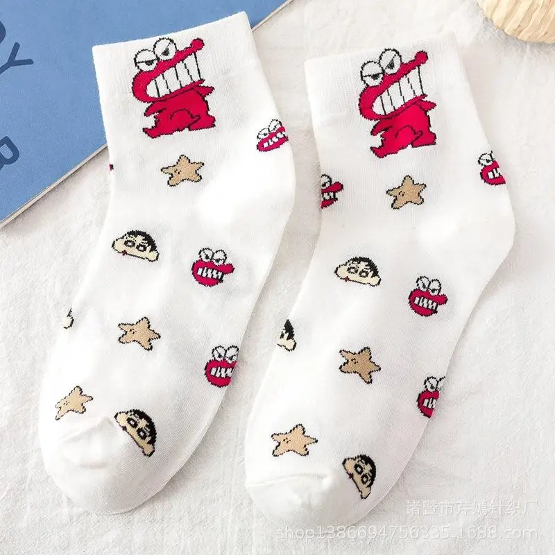 Anime Cartoon Crayon Shin-Chans Socks Pure Cotton White Mid Length Socks Couple Style Ins Cute Girl Birthday Gift For Girlfriend