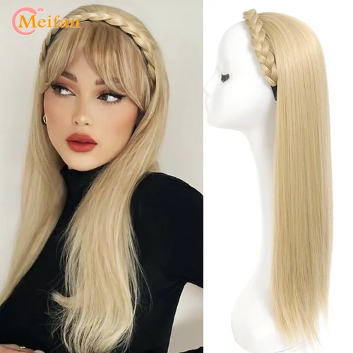 MEIFAN-Diadema larga y recta sintética, media peluca con Clip, extensión de cabello, postizo Rubio falso Natural esponjoso con diadema