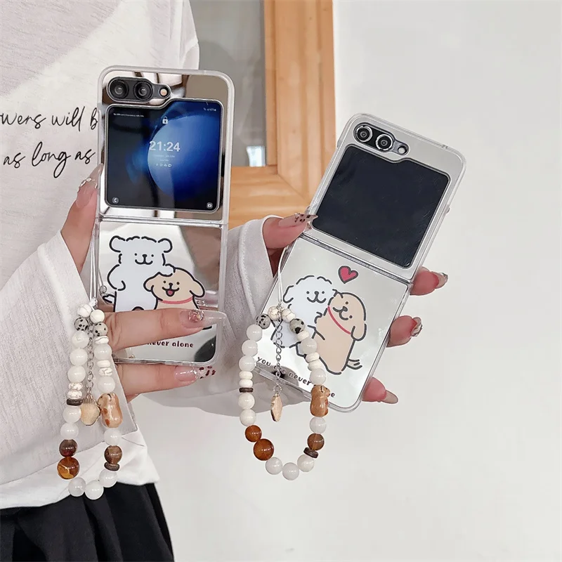 Étui de téléphone mignon graffiti lignes chiot pour Samsung Galaxy Z Flip 6 5 4 3, coque de protection miroir pour Z Flip5 Flip6 5G Funda