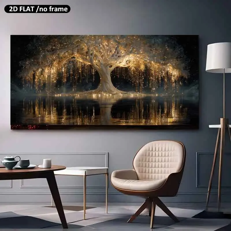 2D Flat Abstract Magical Illuminated Tree Reflection Canvas Wall Art, Unframed Large Canvas Prints Perfect for Modern Home Decor