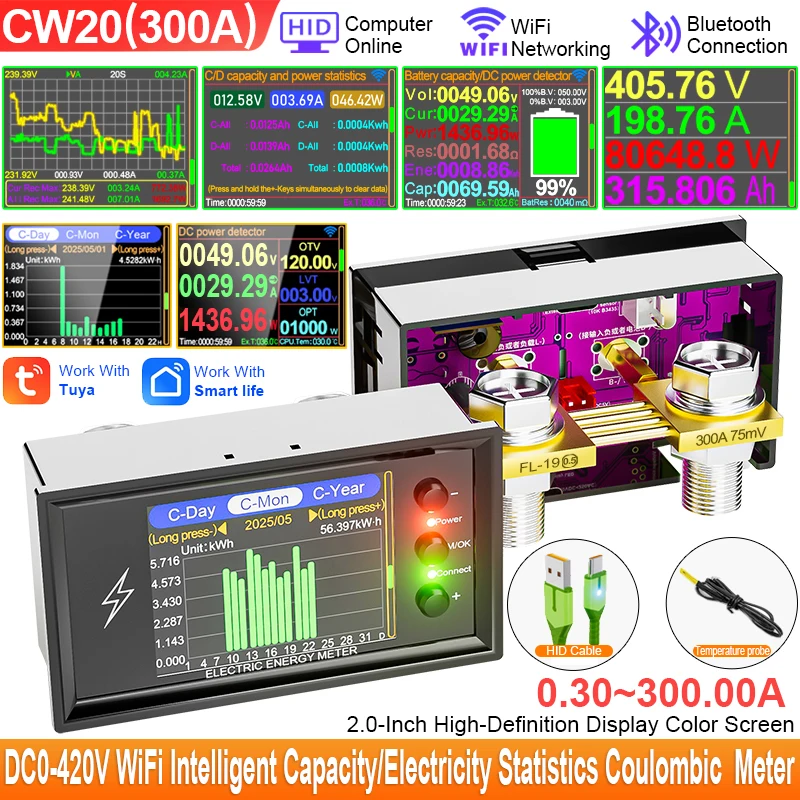 CW20 DC0-420V WiFi Tuya Smart Digital Lithium Batterie Kapazität Erkennung Tester DC Display Spannung Strom Power Coulomb Meter