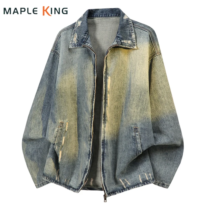 Vintage Washed Denim Jacket for Men Loose Zipper Denim Coats Autumn Hole Designer Cowboy Work Jacket Loose Menswear Clothing