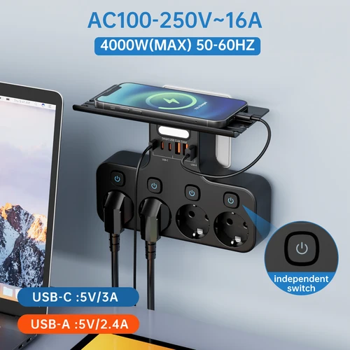 Imagen 2 del producto Regleta de alimentación con enchufe europeo de 4000W, enchufe multifunción, luz nocturna inteligente, interruptor independiente, salida estándar europea con puertos USB C