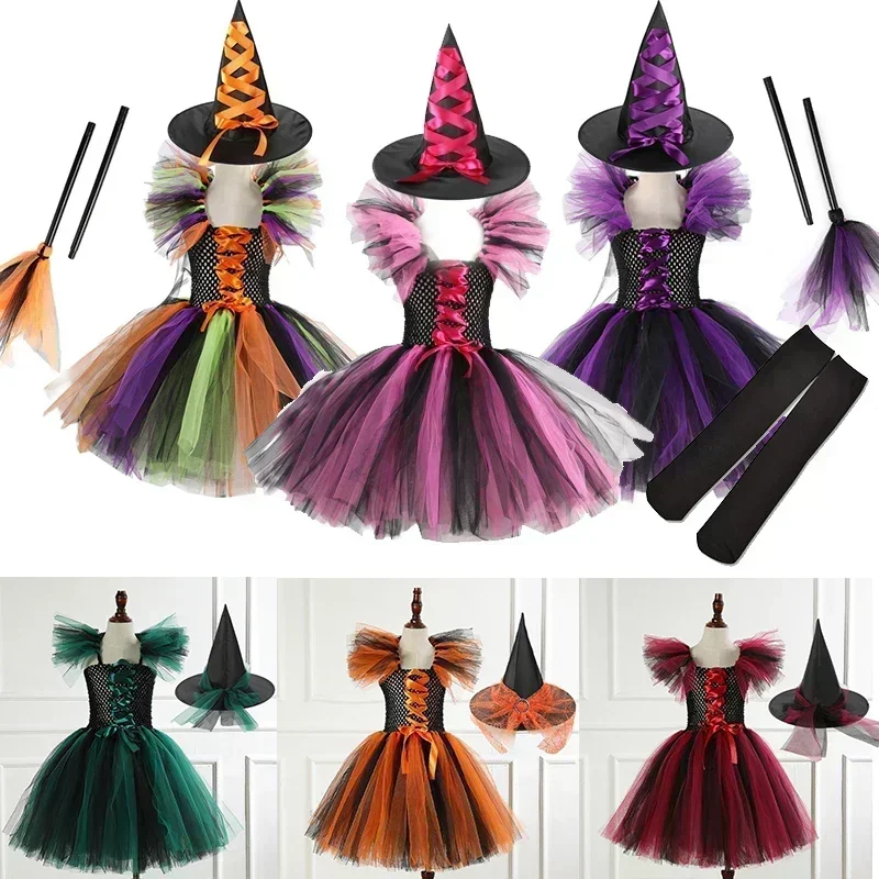 Kinder-Halloween-Kostüm für Mädchen im Hexenstil mit Tutu, Hut und Besen für Themenpartys, Karneval und Rollenspiele. – Detail 11