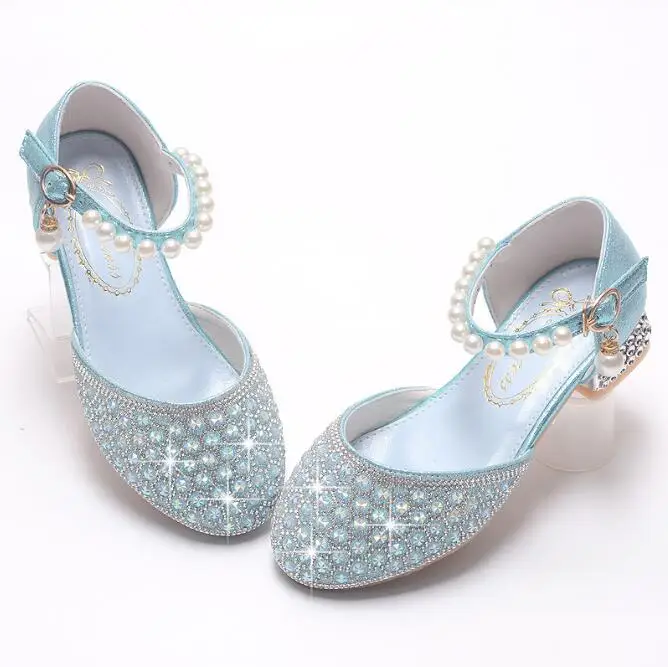 Girls High Heel Kids Sandals Pearl Teen Students Princess Crystal Party Performance Shoes Children Wedding Formal Dance Footwear