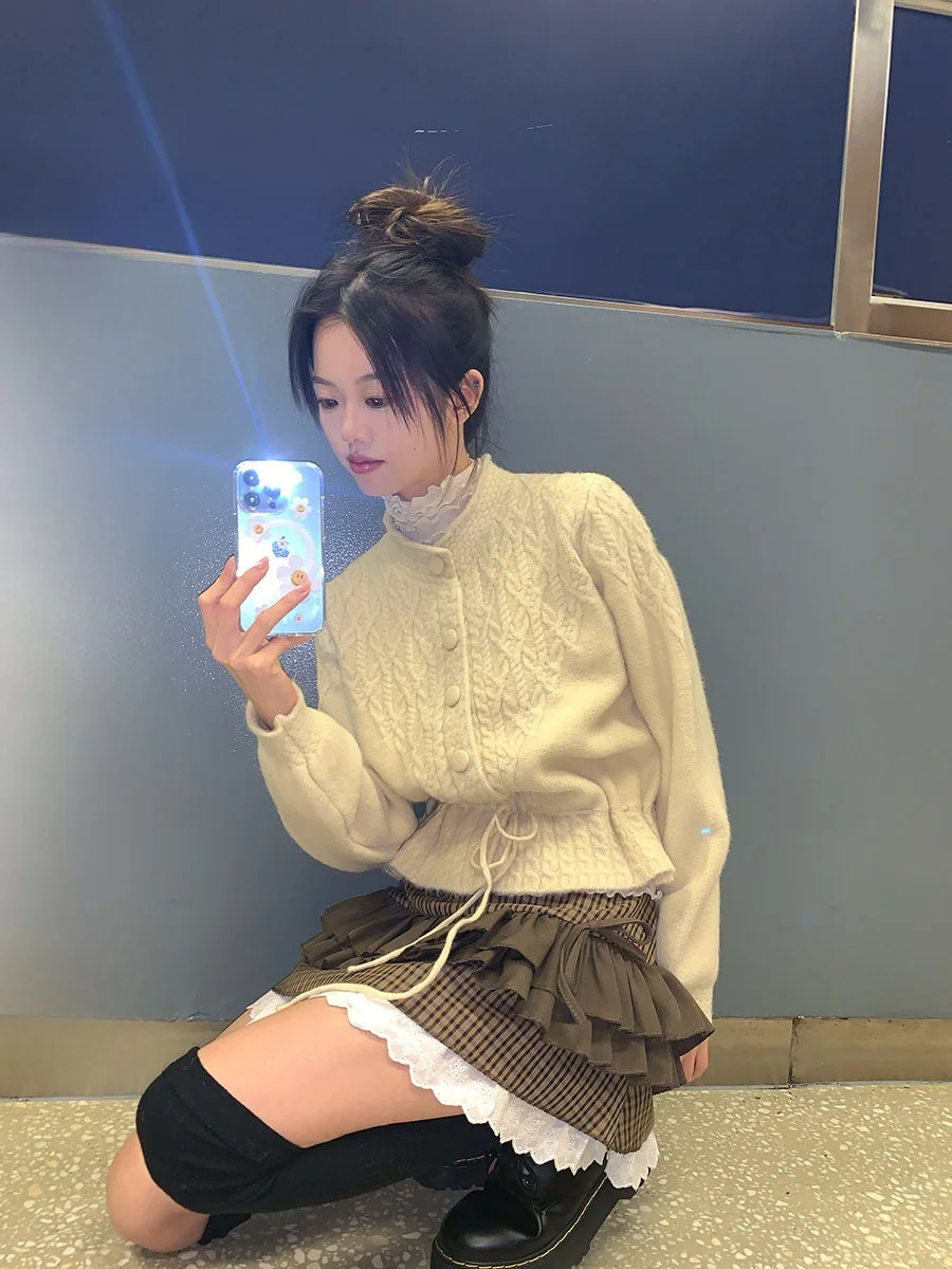 

Sinbounboun Vintage Knot Waist ort Knitted Sweater Single Button Slip-On Women's Comfortable Warm Wave Pattern Cardigan