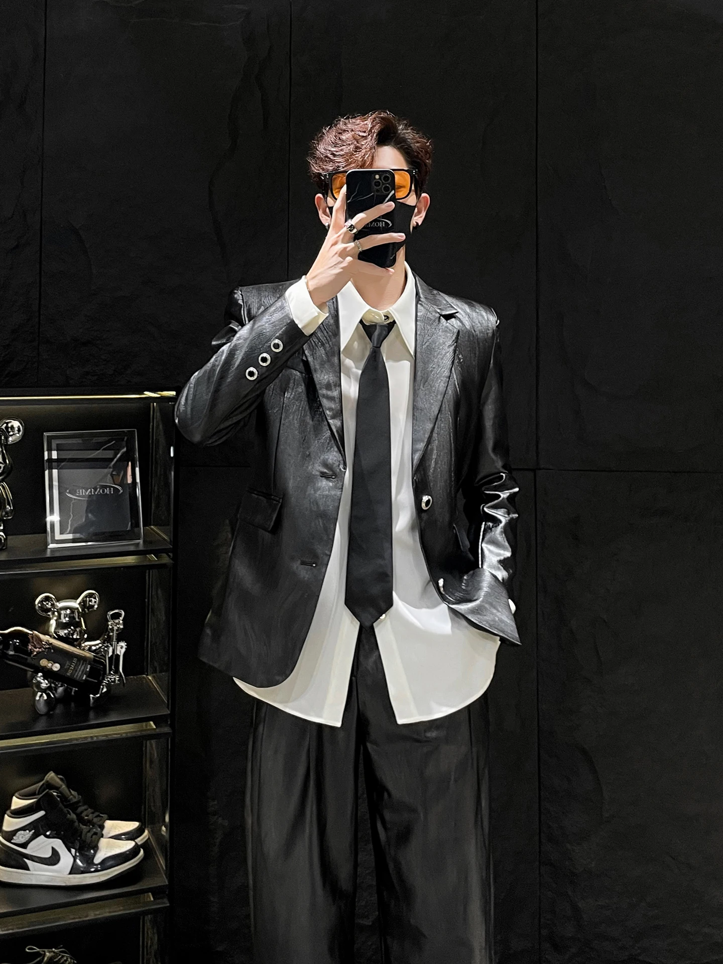 

HOMME новый кожаный вощеный мужской костюм с застежкой на талии, джет, брюки в стиле вестерн, комплект из двух предметов, молодежная модная осенняя одежда