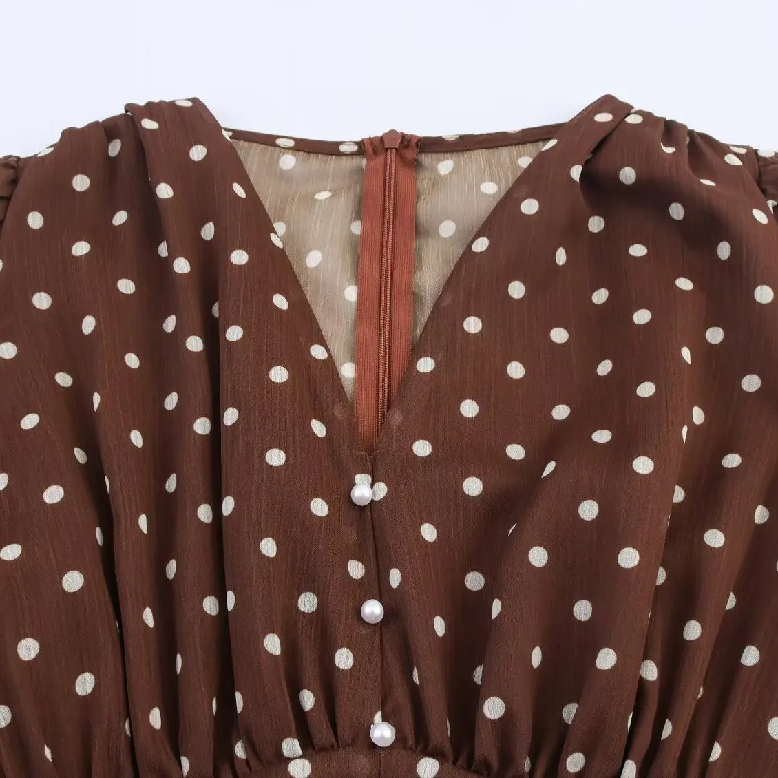 فستان أنيق بتصميم منقط وياقة على شكل V مع خصر ضيق، تصميم أنثوي راقٍ، إصدار جديد للخريف، فستان نسائي بأكمام طويلة وقصة مستقيمة #2