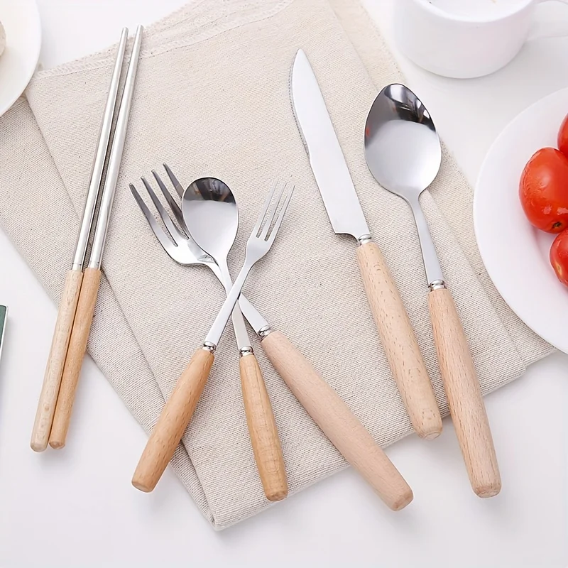 

Wooden Handle Stainless Steel Cutlery Set Flat Japanese Style Spoon Fork Steak Knife Teaspoon Tableware Utensils For Kitchen