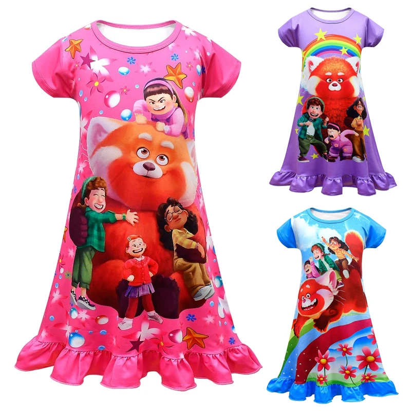 Kids  Dresses for Girls Disney Turning Red Cartoon Dress Toddler Girl Summer Pink Dress Princess Pajamas Party Dress Halloween