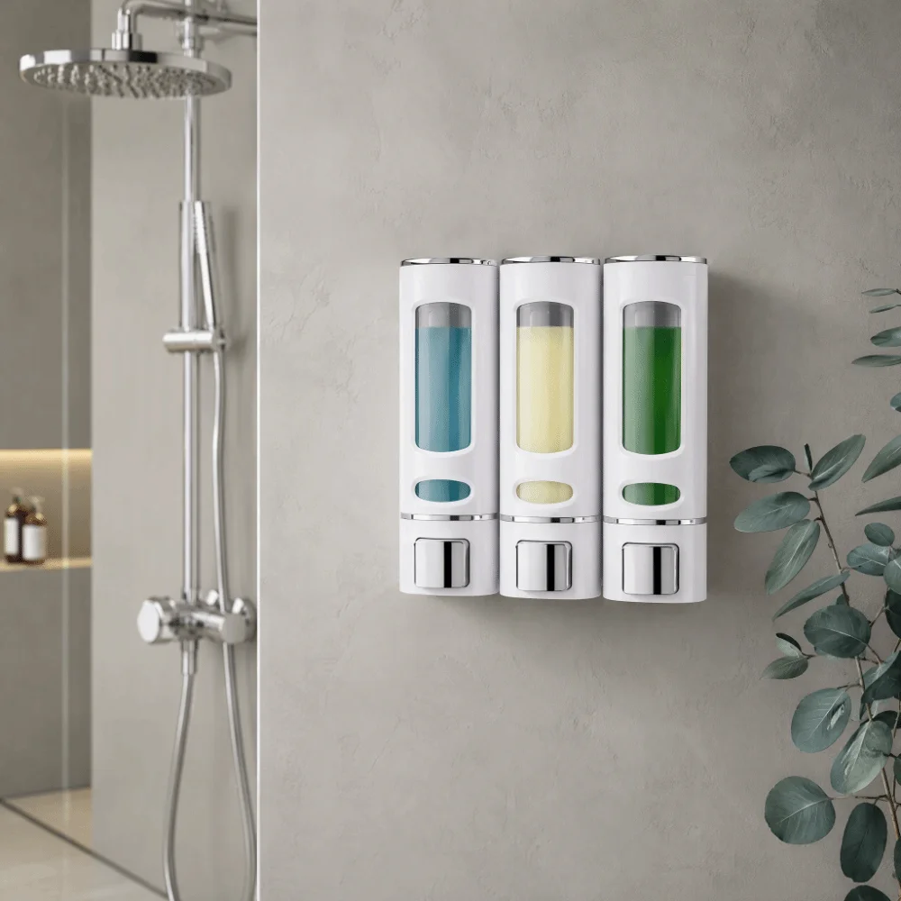 Plastic Soap Dispenser White Black Large Capacity Conditioner Dispenser 3 Chamber Wall Mounted Shampoo Dispenser Bathroom Shower