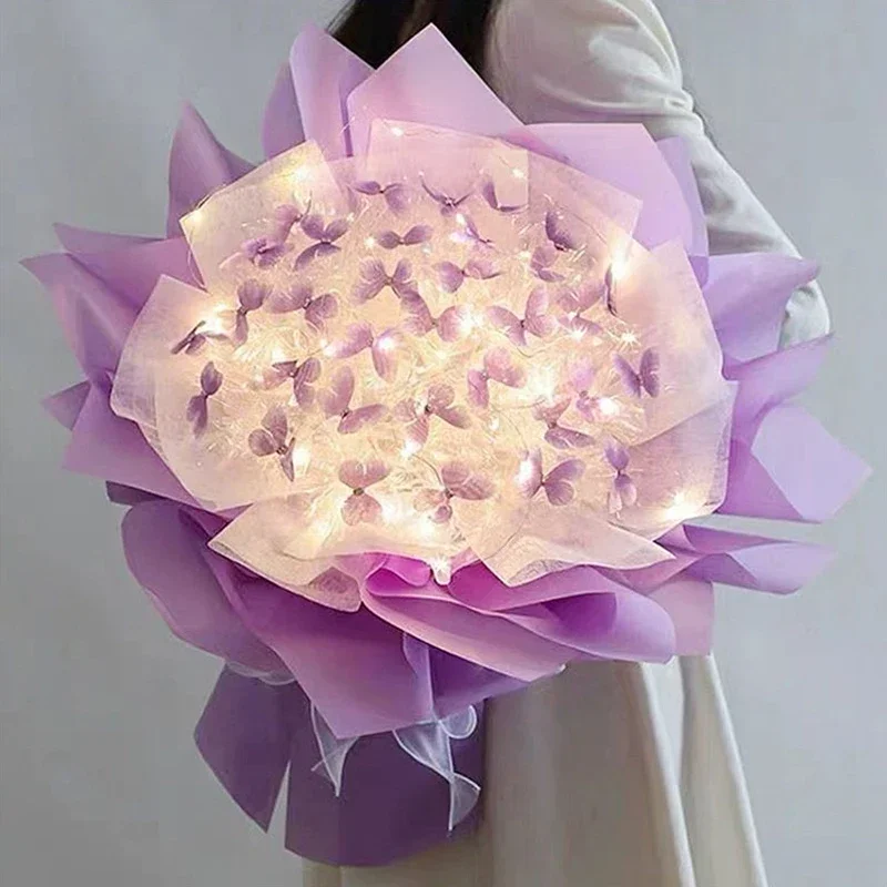 

3 Colors Butterfly Bouquets Material Set With Light String DIY Handmade Wedding Dinner Party Birthday Decor Girlfriend Gift