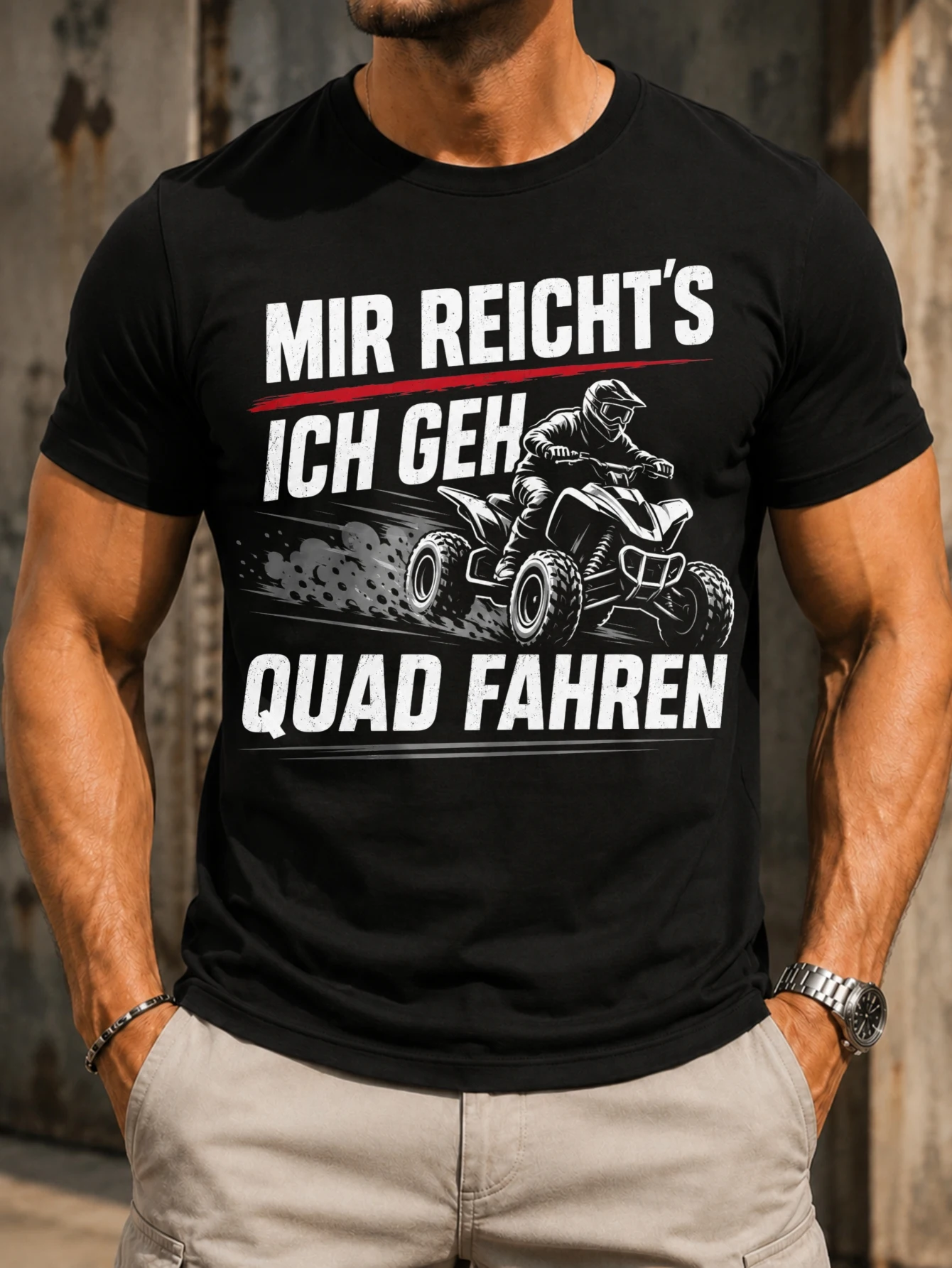Mir Reichs Ich Geh Quad Fahren   ATV rider speeding through dust bold distressed German ese quote  Unisex All T-Shirt