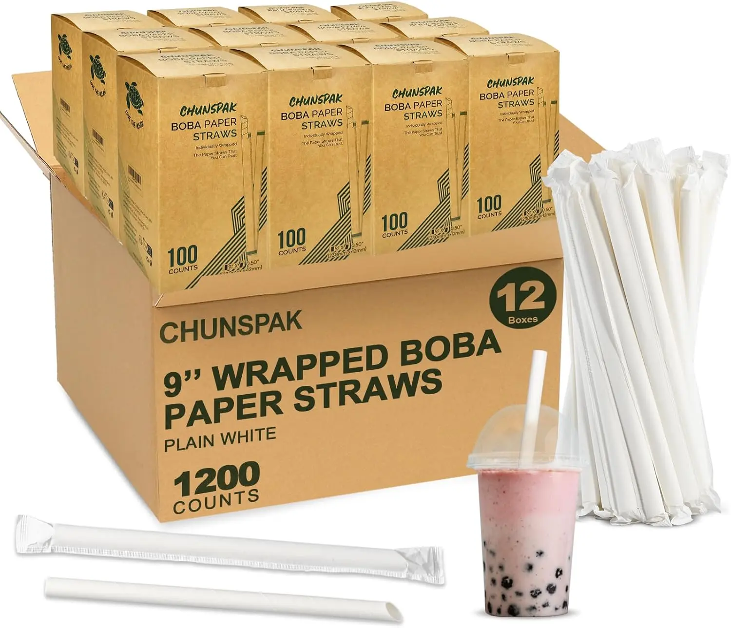 

9 Inch Disposable Bubble Tea Straws Bulk, Wrapped White Paper Boba Straws - 12mm Extra Wide, Pointed End (Case of 1,200)