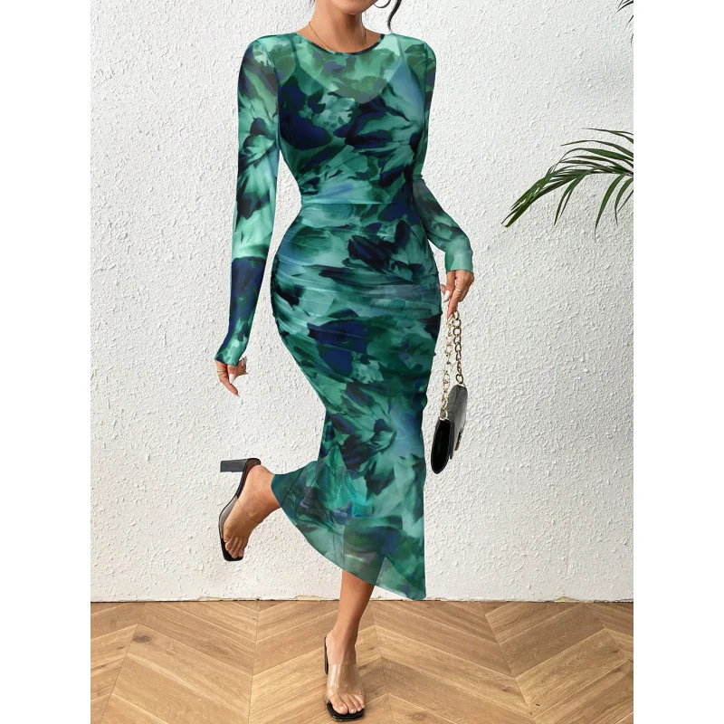 

Floral Gradient Mesh Dress With Long Sleeves,, Stretchy Bodycon Skirt, Elegant Work And Parties