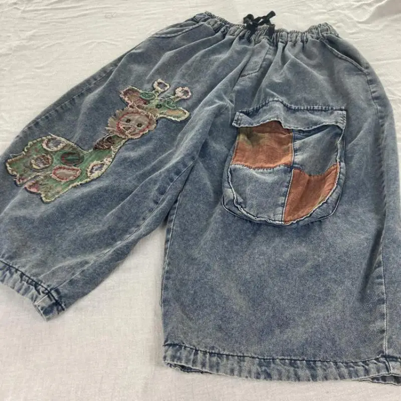

New Arrival Summer Arts Style Women Elastic Waist Cotton Denim Calf-length Pants Cartoon Pattern Loose Vintage Harem Jeans MT5