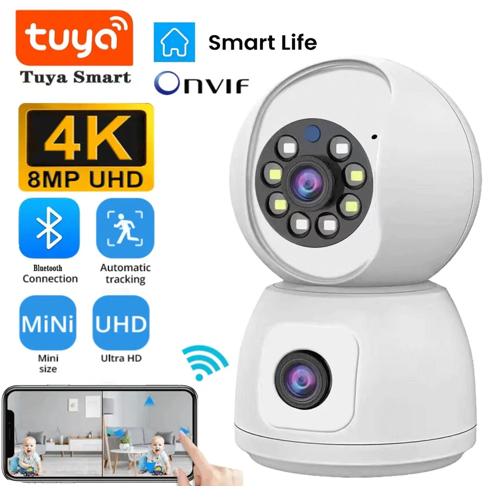 cameras de vigilancia por video de seguranca sem fio indoor lente dupla wifi tuya smart ptz 4k hd tela dupla ai auto tracking 8mp 01