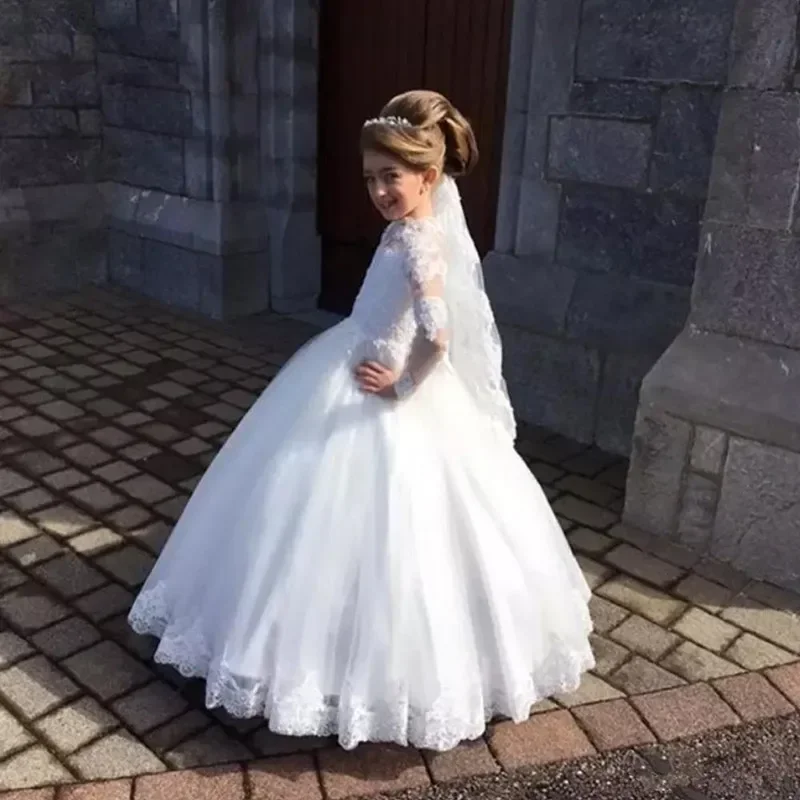 Stylish White Flower Girls Dress For Wedding Party High Neck Baptism Gowns Tulle Full Sleeve Appliques Kid Holy Communion Gown