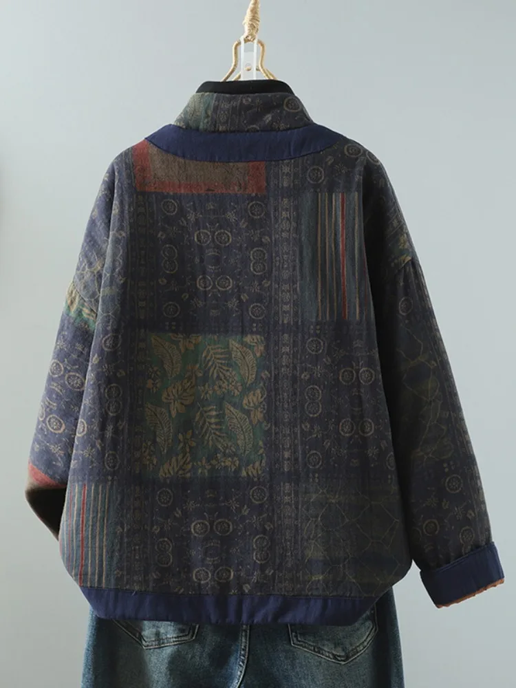 Chaqueta de aodón ueso para mujer, abrigo de invierno cálido de franela con estampado, abotonado, cuello alto, estilo étn...