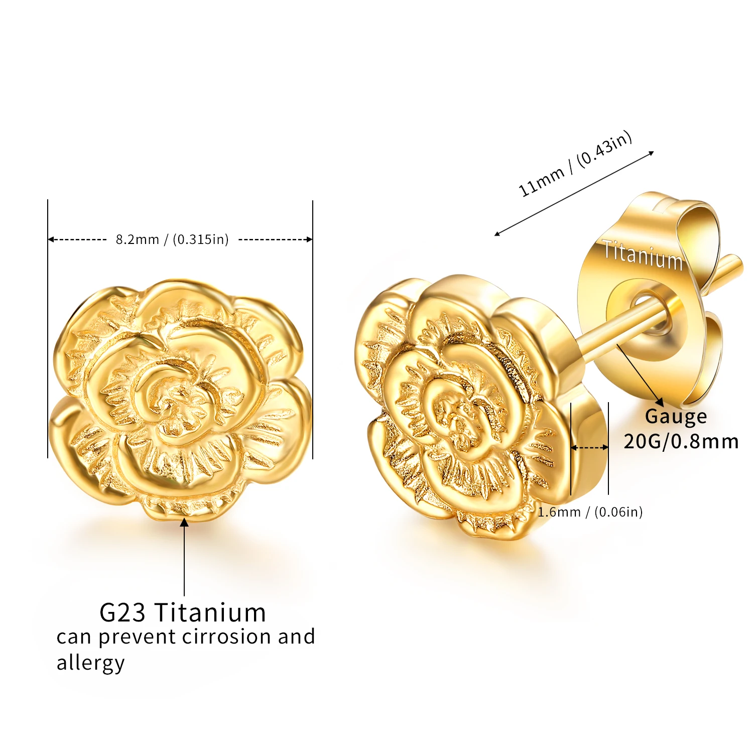 G23 Titanium Rose Flower Stud Earrings Post Pierced Cartilage Lobe Earring Studs with Nickel Free Back for Women Girls