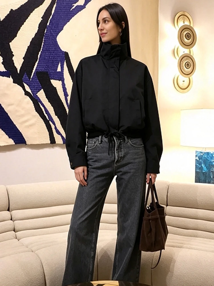 Solid Cotton Stand Collar Zip Up Jacket Drawstring Hem  Long Sleeve 2026 Summer Women Outerwear Causal Glam Lady Chaqueta
