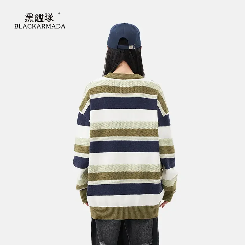 Autumn and winter fashion retro heavy striped all-in-one loose knit sweater for men and women of the same high quality hea