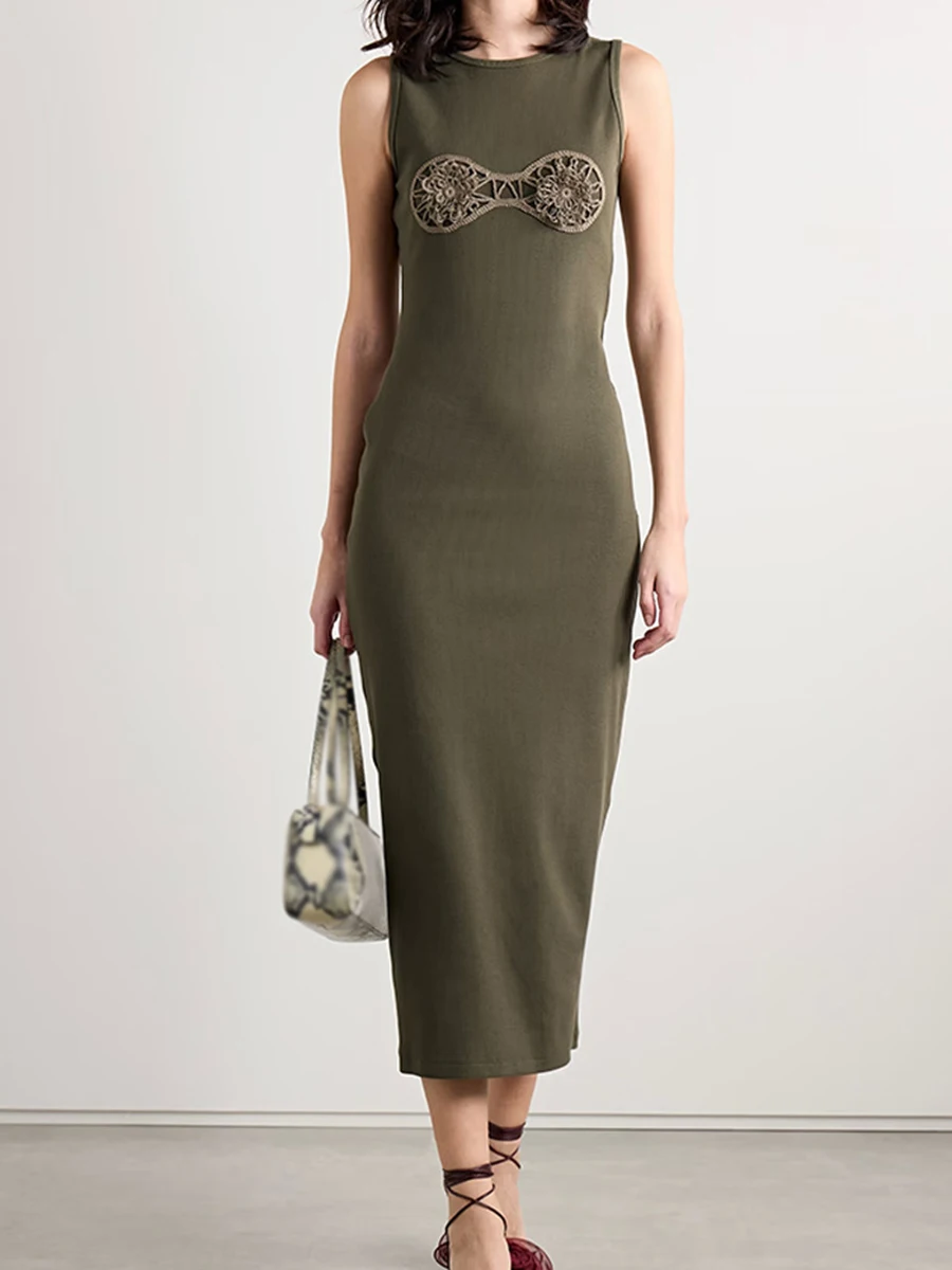 Twotwinstyle 固体痩身スプライシングアップリケロングドレス女性のためのラウンドネックノースリーブミニマリストドレス女性服新