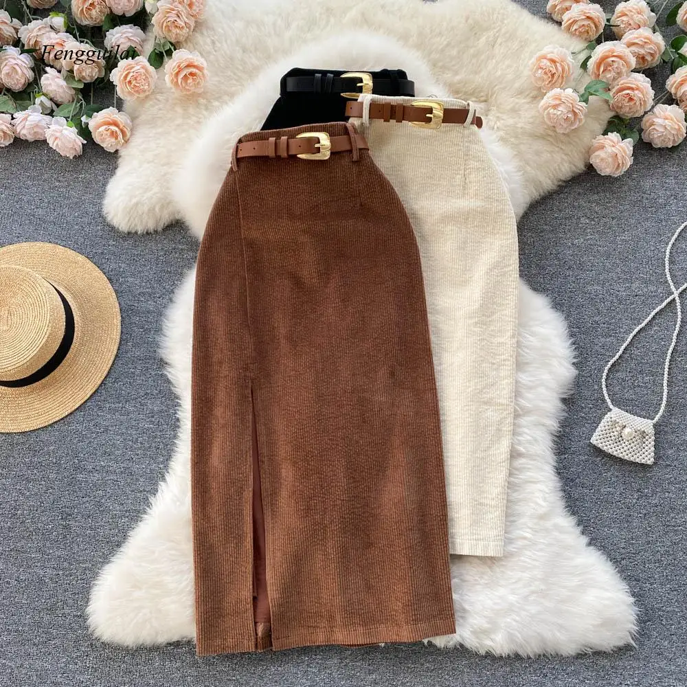 Women's Elegant Corduroy Pencil Skirt - High-Waisted with Belt and Front Slit for Work, Date Night & Everyday Outfits