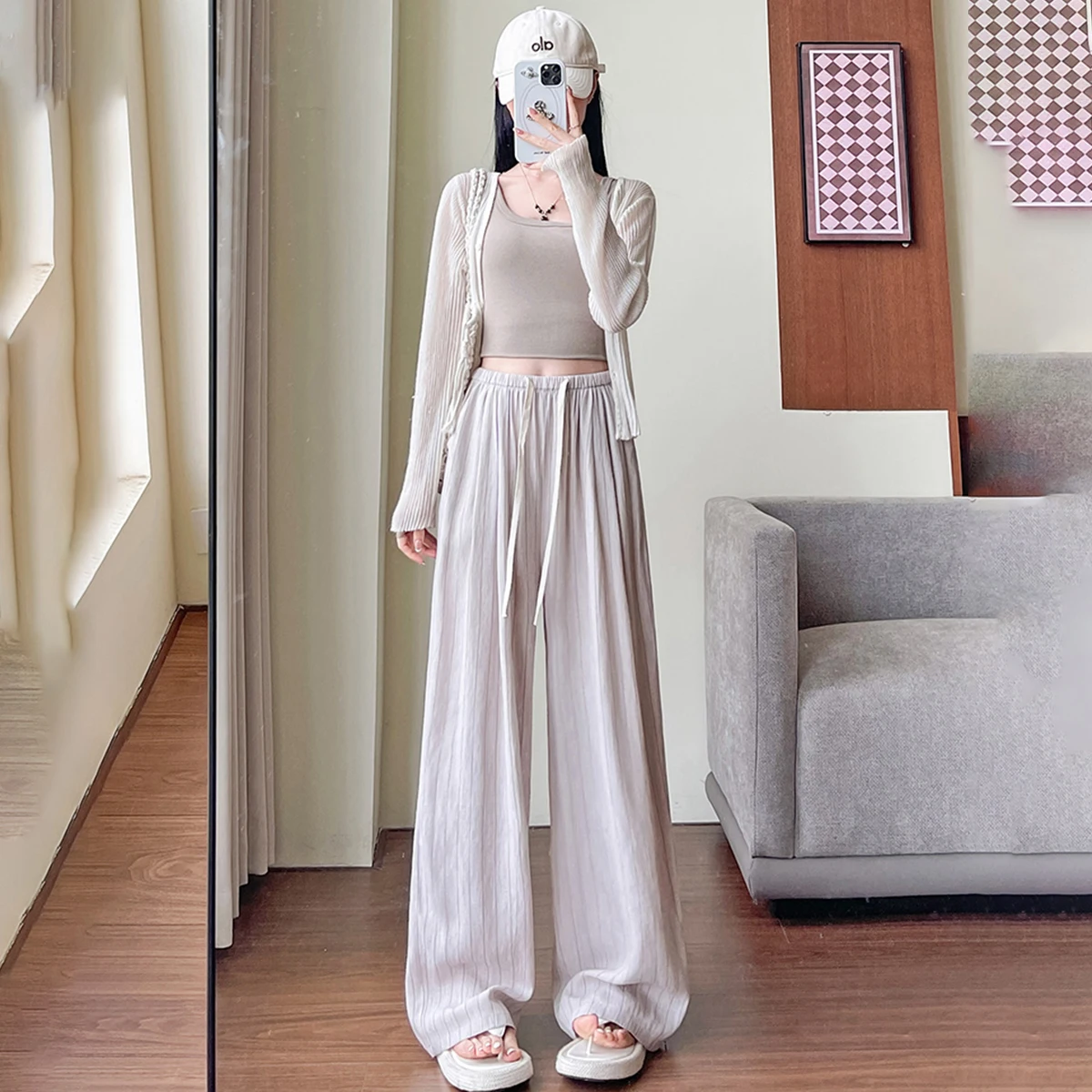 2026 New Women's Striped Linen Wide Leg Pants High Waisted Loose Fit Cotton Linen Casual Straight Pants Summer Autumn