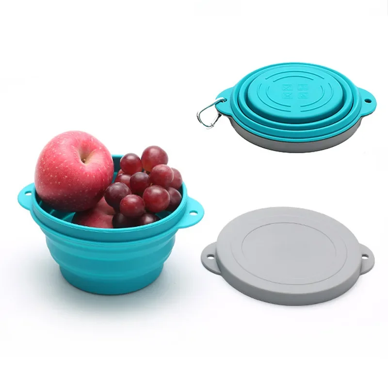 

Silicone folding bowl, round folding lunch box with lid, outdoor portable folding food box.