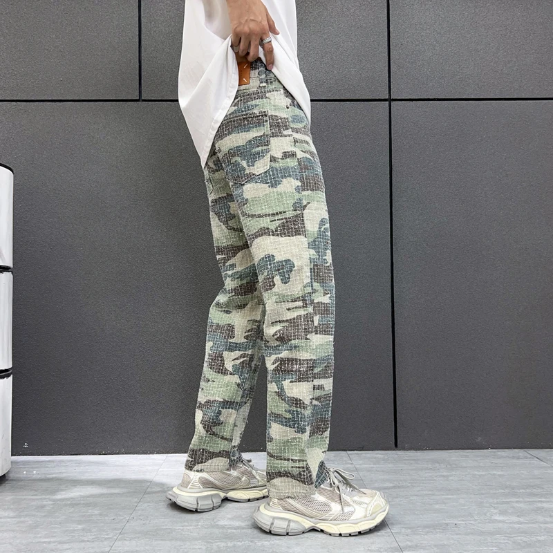 New fashionable jeans MEN'S Street camouflage loose straight leg trendy brand wide leg couple cotton casual washed denim pants