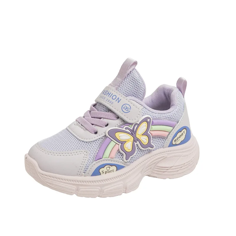 

Осень 2023, новые детские модные кроссовки для девочек, украшенные бабочками, мягкая подошва, повседневные и универсальные для школьных кроссовок