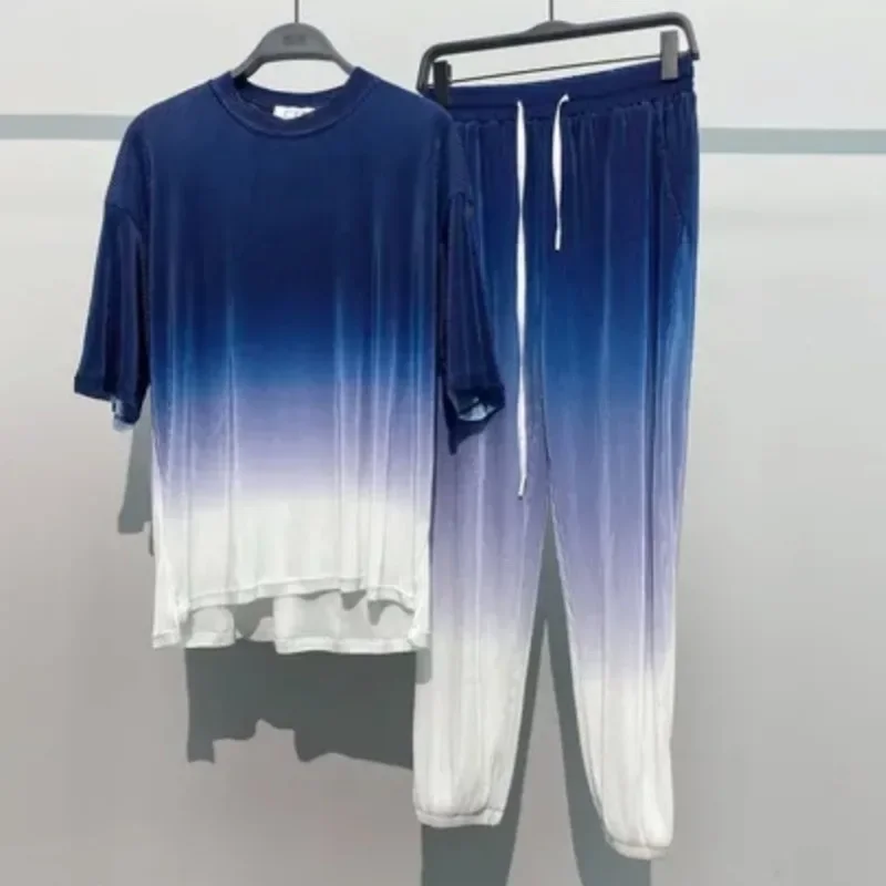 Calça de moletom masculina t camisa conjuntos de seda gelo regular ajuste marcas originais magro estiramento básico t de duas peças legal calças masculinas conjunto